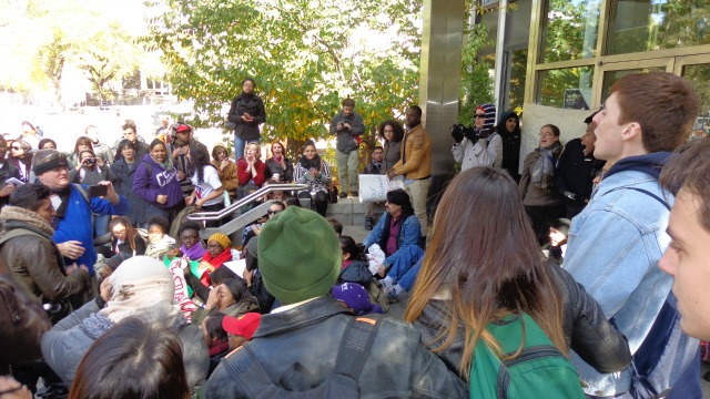 students outside admin building