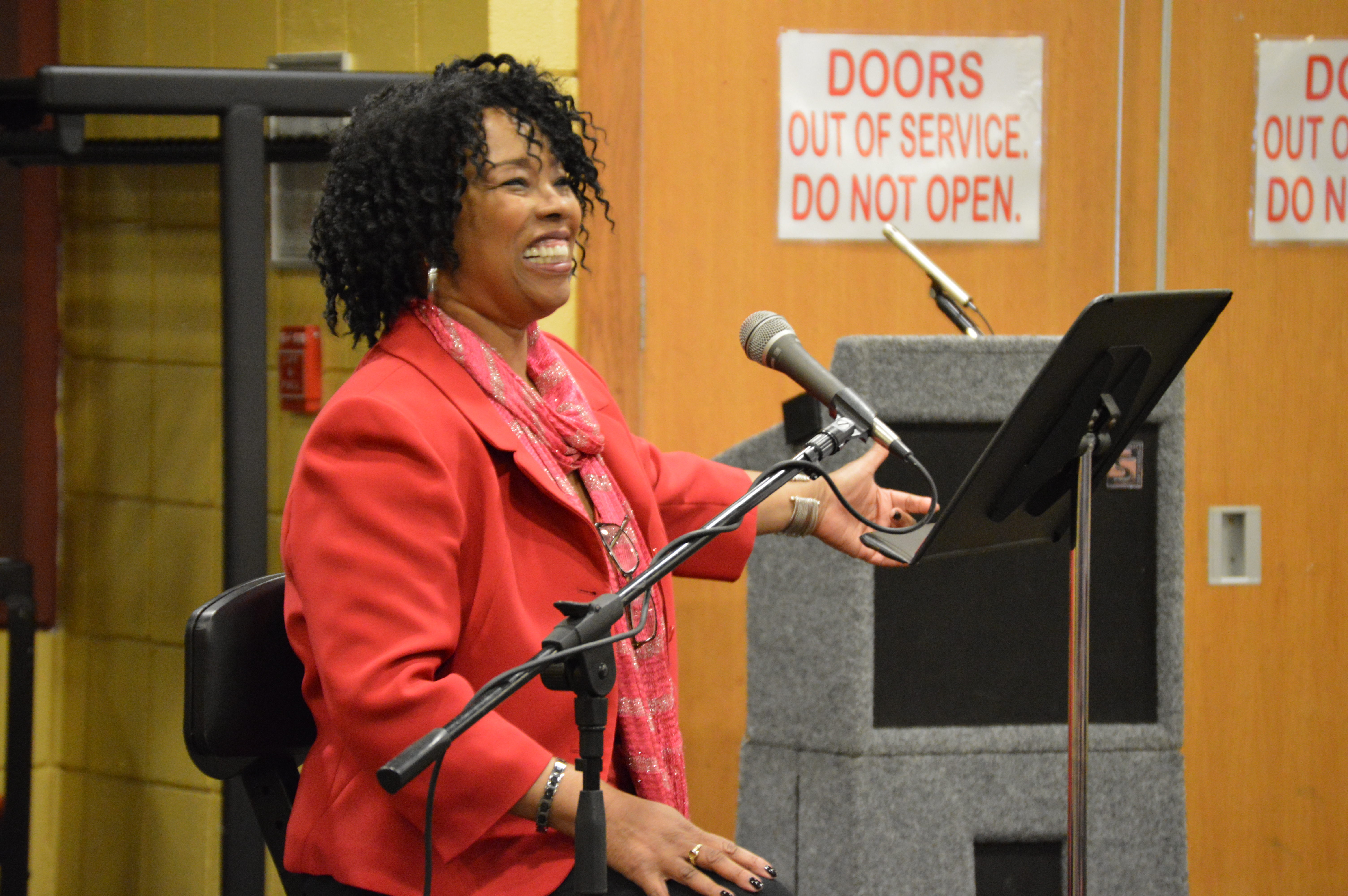 Professor Cope smiles greeting the guests at her book reading. She sang and read exerpts from her new novel "Soul Shaker" for faculty and students. Photo by Valerie Victor